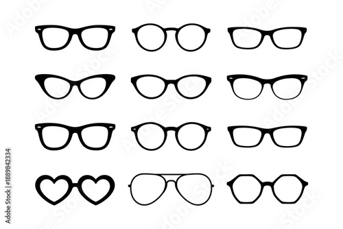 Variety of eyeglass styles: cat eye, aviator, heart, round, hexagon.