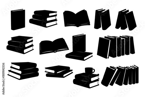 Silhouette collection of open and closed books in various arrangements.