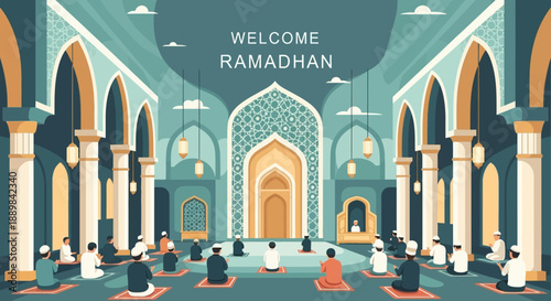 Flat Colorful Mosque Interior Prayer Illustration with People During Ramadhan Celebration