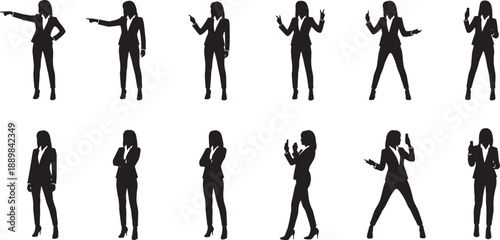 Dynamic professional businesswomen silhouettes in various poses, ideal for corporate branding, marketing, and digital design projects showcasing female leadership and empowerment