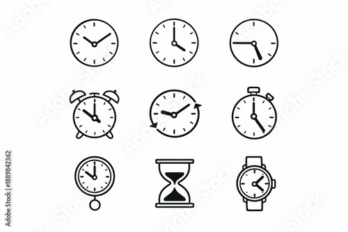 Set of nine timekeeping devices: clocks, stopwatch, hourglass, wristwatch
