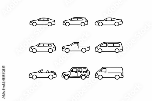Outline icons of various car types including sedan, suv, convertible, and pickup truck