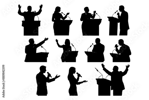 Silhouette figures at podiums: diverse public speaking and debating.