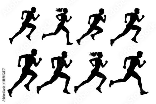 Silhouettes of female and male runners in motion.