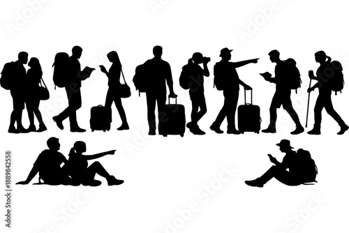 Silhouette of travelers with backpacks and luggage in various poses.