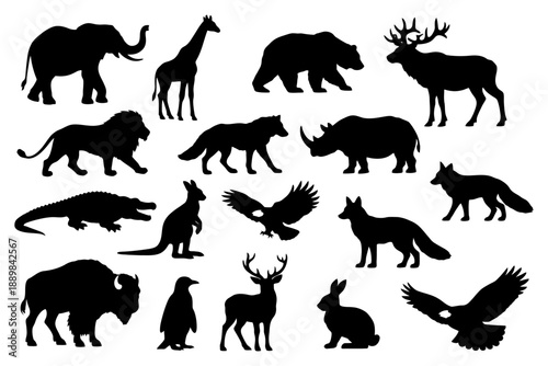 Silhouettes of diverse wild animals including elephant, giraffe, bear, and deer.