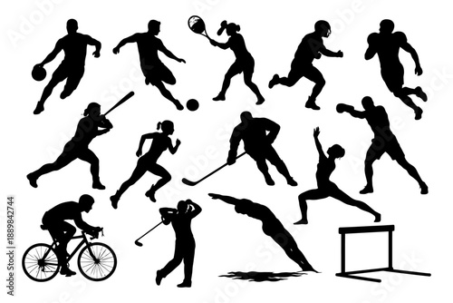 Silhouette collection of diverse sports activities and athletes.