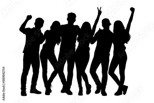 Group of young adults celebrating in silhouette.