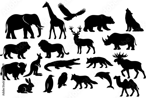 Silhouettes of diverse wild animals in natural poses.