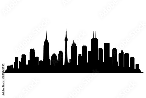 Toronto skyline silhouette with iconic buildings at dusk.