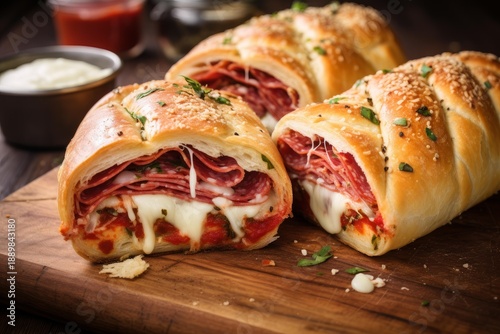 Sliced stromboli bursting with melted cheese, salami, and marinara sauce on a wooden board