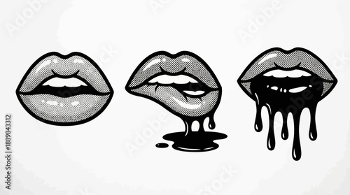 Three grayscale lip portraits in a pop-art style, from smile to biting lip to dripping black liquid