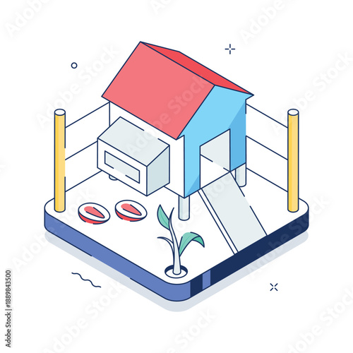 A trendy isometric illustration showing farmhouse and rural living concept