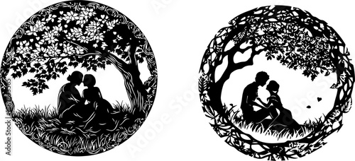 Family Under a Tree Silhouette: A touching monochrome illustration captures the essence of familial bond, with silhouettes of a family enjoying the tranquility of nature. Embracing serenity.