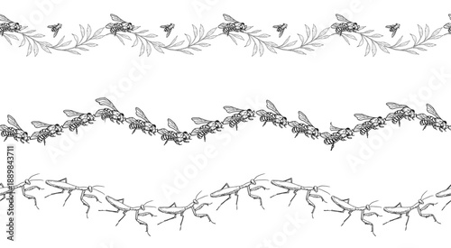 Bees, bumblebees, and a praying mantis on a seamless border. Vector illustration. Flying insects, isolated on a white background. Suitable for postcards, invitations, and textile printing.