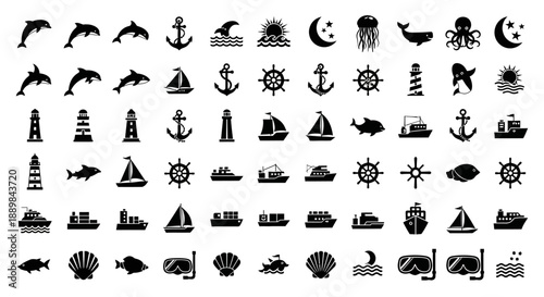 Collection of nautical symbols and icons representing various marine elements and objects on a plain background from a straightforward viewpoint