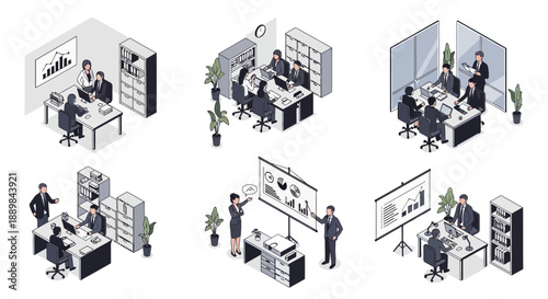 Isometric illustration of office workers collaborating in various settings with computers and whiteboards