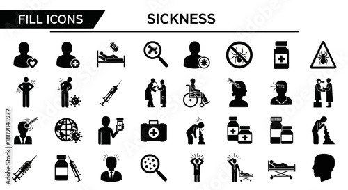 Collection of black icons depicting various sickness and health-related themes, originally utilized in a digital design file, presented in a grid layout on a clean background.