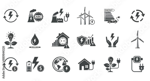 Sustainable Energy Icons Set Illustrating Renewable Resources and Eco-Friendly Practices in Simple Black Graphics originally make (36).eps