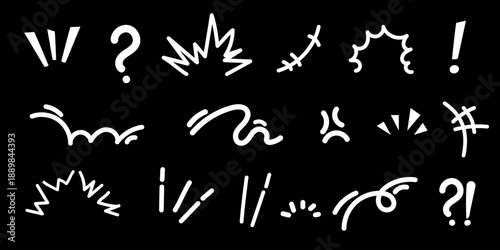 Bold comic doodle expressions movement doodle symbols on black background