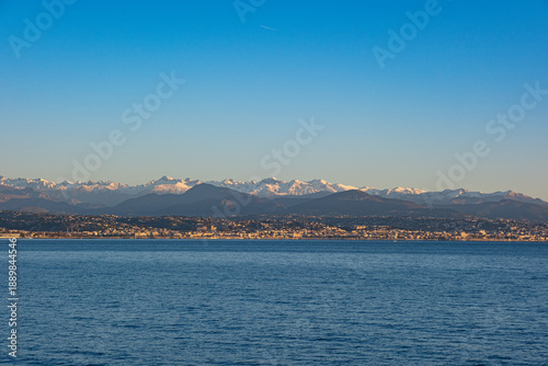 A beautiful landscape overlooking the sea, the city of Nice and the French Alps with their snow-capped peak