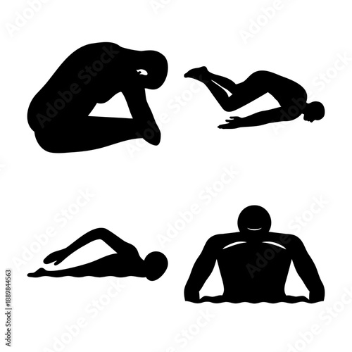 Silhouettes of individuals engaging in diverse swimming and water-related activities