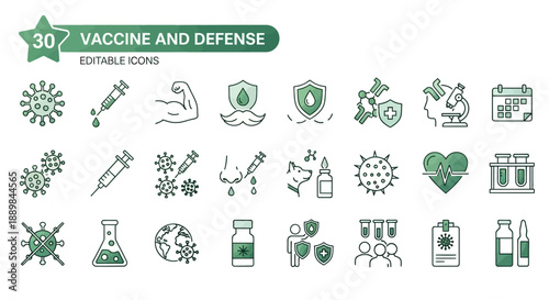 Collection of green icons representing vaccine and defense concepts, symbols, and elements in a grid layout, originally made as vector illustrations