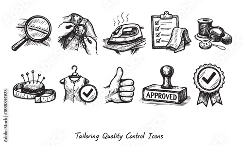 A hand-drawn vector illustration showing tailoring and quality control icons, perfect for sewing, fashion, or business concepts.