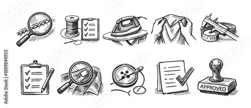 A hand-drawn illustration of sewing, tailoring, dressmaking elements in a sketch style, showcasing tools and equipment, perfect for creative projects and designs.