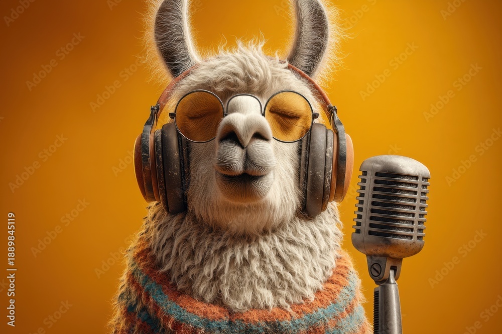 Fototapeta premium Photoreal Pop Studio Llama Wears Oversized Headphones and Stands Next to a Microphone Against a Bright Background