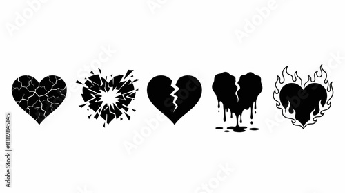 Five stylized black heart icons with lace, burst, crack, dripping paint and flame textures for graphic design, romance, and emo-themed projects