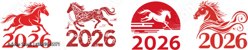 Auspicious 2026: A vibrant ensemble of red equine illustrations for the upcoming year 2026, radiating energy and fortune. 
