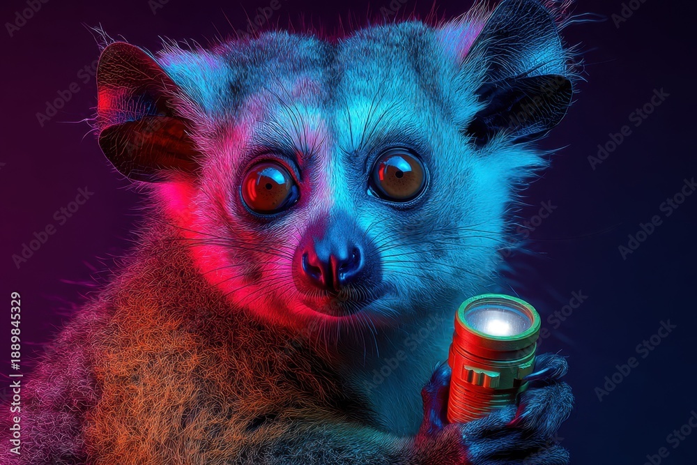 Fototapeta premium Photoreal Pop Surreal Aye-Aye Lemur Holds a Flashlight in Vibrant Colors at Night in a Creative Art Setting