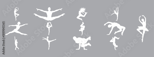   Ballet, Hip Hop, and Gymnastics Poses Including Jumps, Splits, and Handstands Isolated on Gray Background