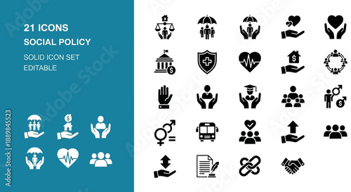 Fotografia Collection of social policy icons representing various aspects of community and