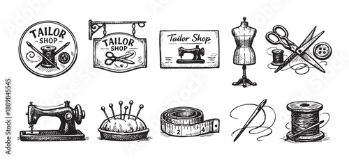 Hand-drawn illustration featuring tailor shop signs, sewing machine, mannequin, scissors, buttons, spools, pins, needle, tape measure on white, perfect for textile design.