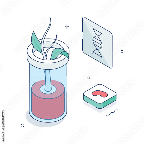 A futuristic isometric illustration of plant biotechnology research process