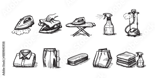A hand-drawn style illustration set featuring ironing tools, folded clothes, and cleaning supplies, perfect for depicting laundry, cleaning, and garment care.