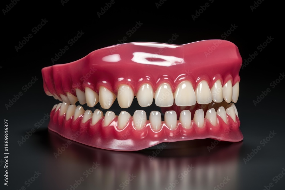 Obraz premium Complete dental prosthesis for missing teeth against a dark studio background