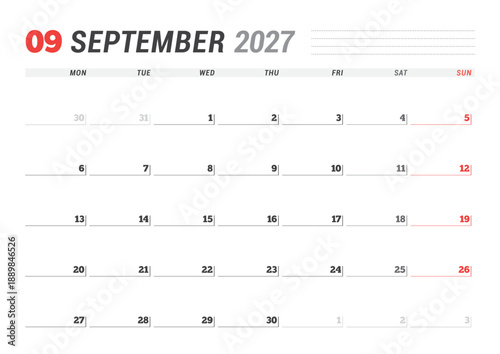 September 2027 Monthly Calendar Template boosts executive control with minimalist blank lines, perfect for workspaces and planning routines, ideal for management use, vector illustration
