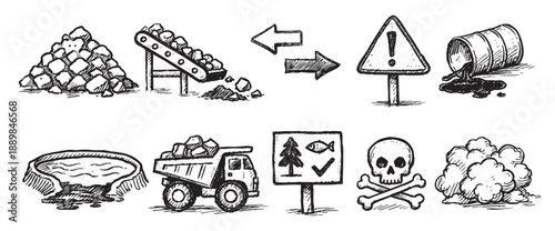 Hand-drawn line art icons depicting waste, pollution, environmental impact, and equipment on white, useful for illustrating environmental topics and industrial concerns.
