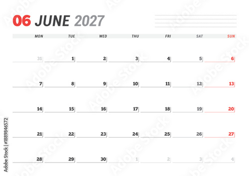 June 2027 Monthly Calendar Template streamlines business tasks with minimalist blank lines, perfect for planning sessions and workflow optimization in office settings, vector illustration