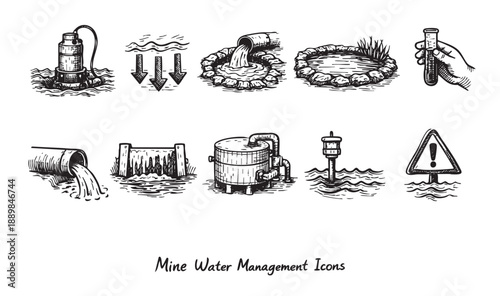 Vector drawing illustrating icons related to mine water management, including a pump, effluent, test tube, pond, warning sign and dam. Useful for illustrating water management in mining.