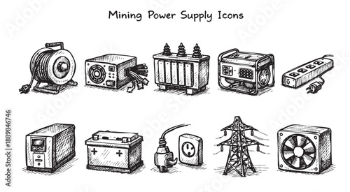 Hand-drawn vector illustration of various power supplies, including a power strip, a generator, and an electric tower on white background.