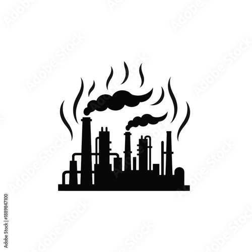 Industrial factory icon with smoke coming out of chimneys. Air pollution and environmental issue concept. Vector illustration for design