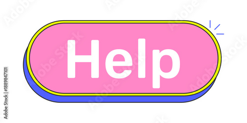 Help rounded pink cartoon UI button. Assistance request. Customer support. User guidance. Website faq service. Clickable call-to-action. Flat vector illustration. Cute design. Rubik font used