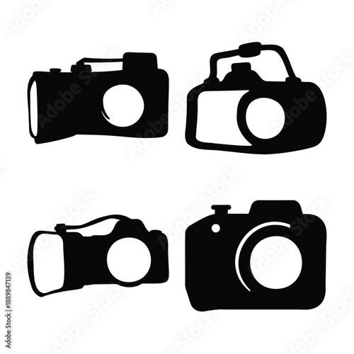 A diverse collection of black camera silhouettes representing various photographic equipment icons