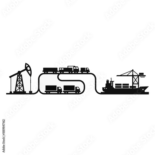 Oil production, supply, and transportation from pump jack to cargo freighter with various vehicles, simple black icon illustration