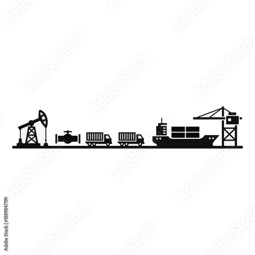 Oil pipeline delivery from pump jack to cargo ship at port with truck transportation. Industrial supply chain and logistics concept. Vector illustration