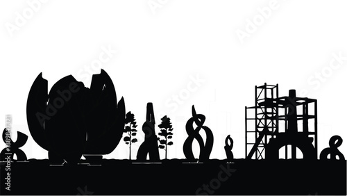 Whimsical abstract sculptures and playground equipment create a playful silhouette against a bright sky.